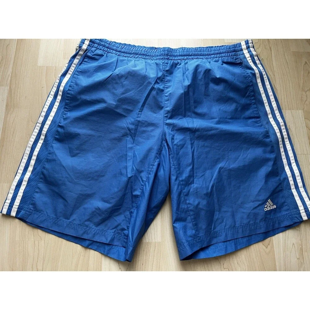Adidas Mens Blue Striped Swim Trunks Size XL Drawstring Mesh Lined Pockets